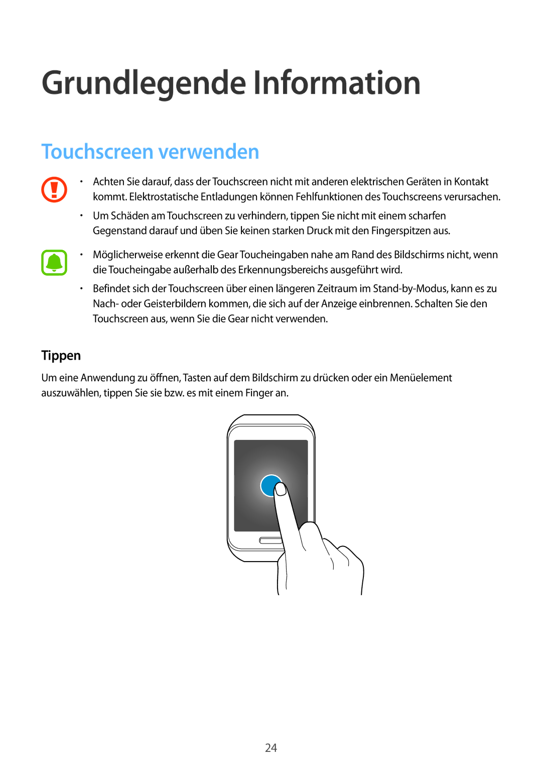 Samsung SM-R7500ZKAXEF, SM-R7500ZWASEB, SM-R7500ZKATPH manual Grundlegende Information, Touchscreen verwenden, Tippen 