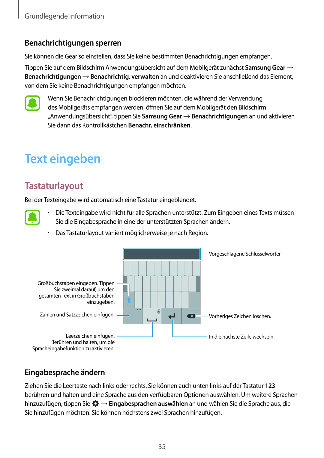 Samsung SM-R7500ZWAXEO, SM-R7500ZWASEB Text eingeben, Tastaturlayout, Benachrichtigungen sperren, Eingabesprache ändern 