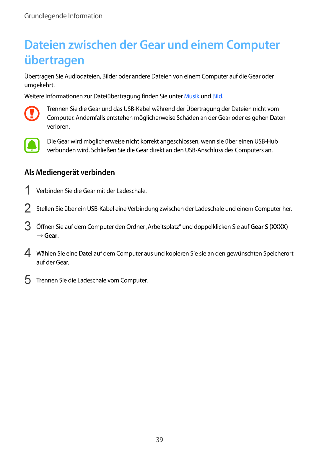 Samsung SM-R7500ZWASEB manual Dateien zwischen der Gear und einem Computer übertragen, Als Mediengerät verbinden, → Gear 