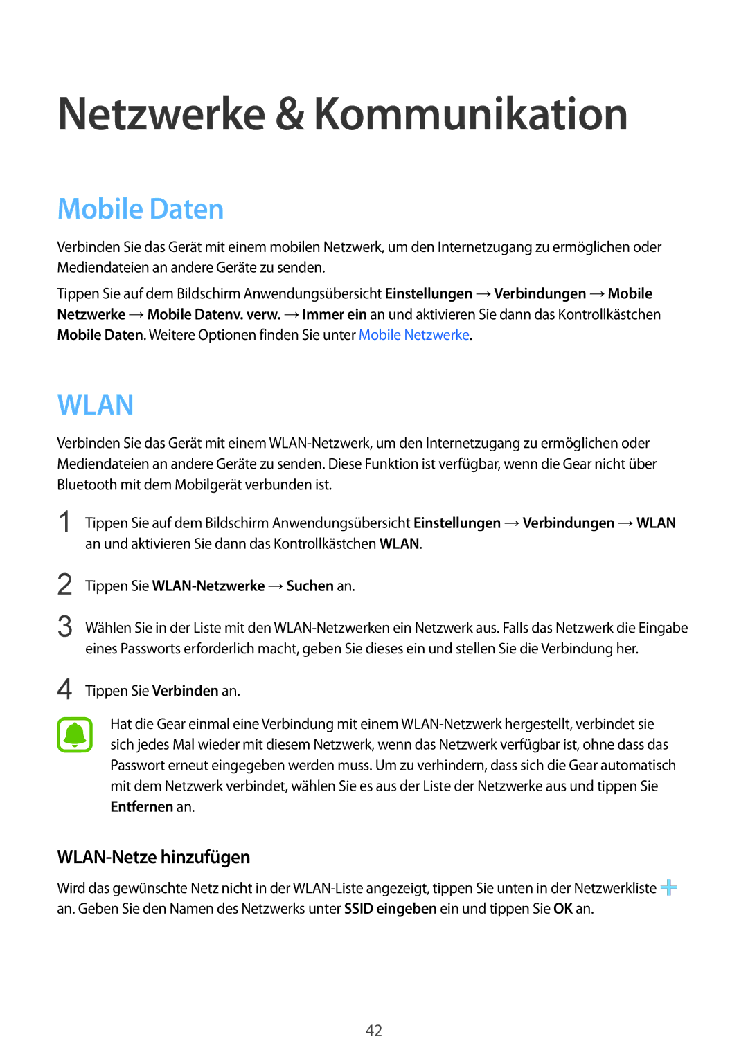 Samsung SM-R7500ZKADBT, SM-R7500ZWASEB, SM-R7500ZKATPH manual Netzwerke & Kommunikation, Mobile Daten, WLAN-Netze hinzufügen 