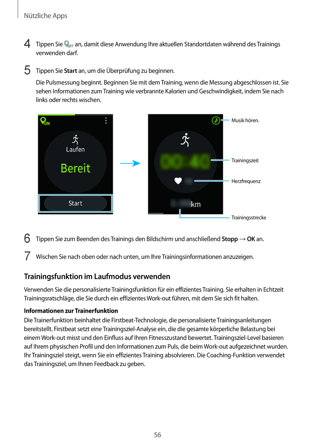 Samsung SM-R7500ZWATPH, SM-R7500ZWASEB manual Trainingsfunktion im Laufmodus verwenden, Informationen zur Trainerfunktion 