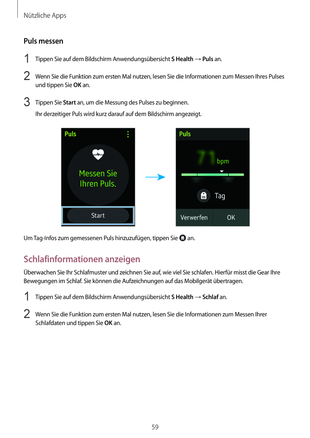 Samsung SM-R7500ZKASEB, SM-R7500ZWASEB, SM-R7500ZKATPH, SM-R7500ZWADBT manual Schlafinformationen anzeigen, Puls messen 