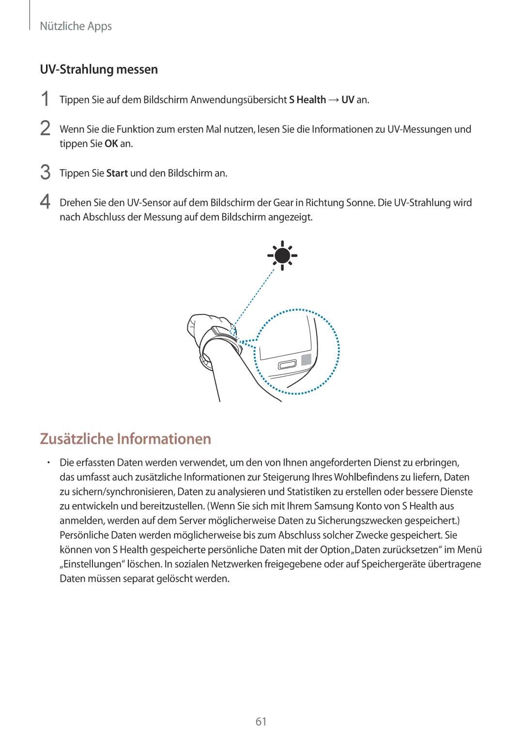 Samsung SM-R7500ZWAXEO, SM-R7500ZWASEB, SM-R7500ZKATPH, SM-R7500ZWADBT manual Zusätzliche Informationen, UV-Strahlung messen 