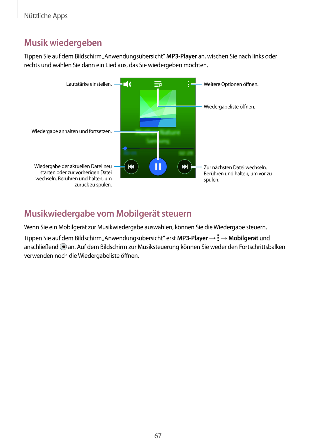 Samsung SM-R7500ZWADBT, SM-R7500ZWASEB, SM-R7500ZKATPH manual Musik wiedergeben, Musikwiedergabe vom Mobilgerät steuern 