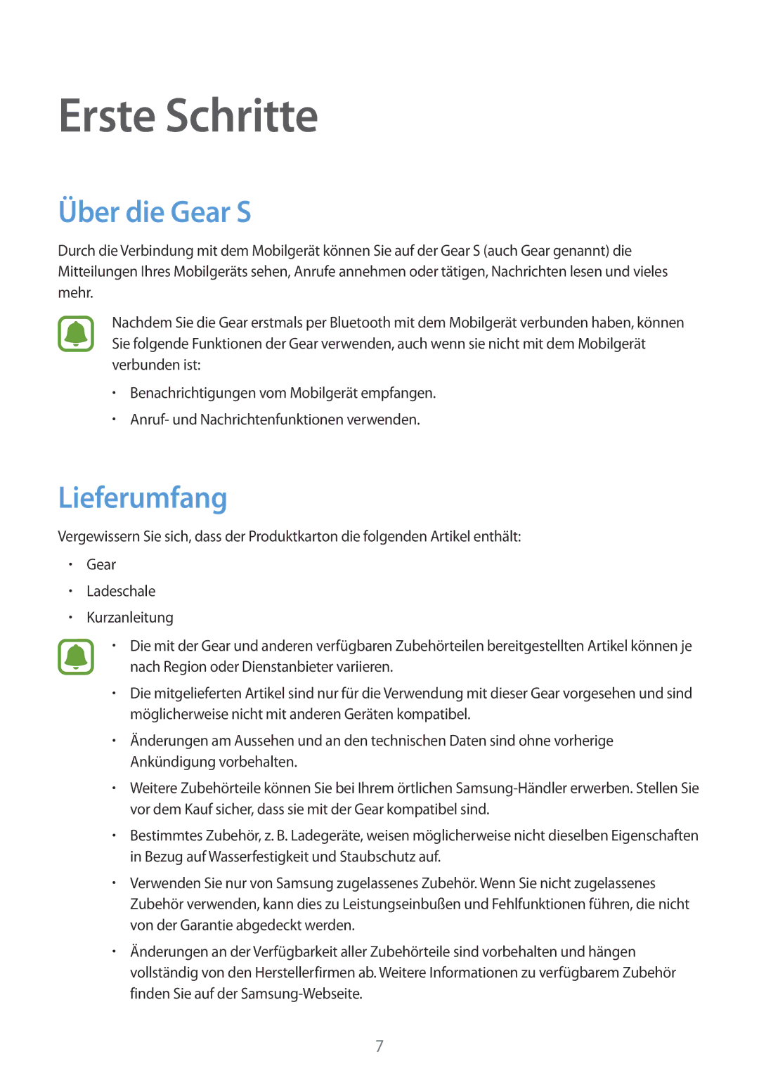 Samsung SM-R7500ZKASEB, SM-R7500ZWASEB, SM-R7500ZKATPH, SM-R7500ZWADBT manual Erste Schritte, Über die Gear S, Lieferumfang 
