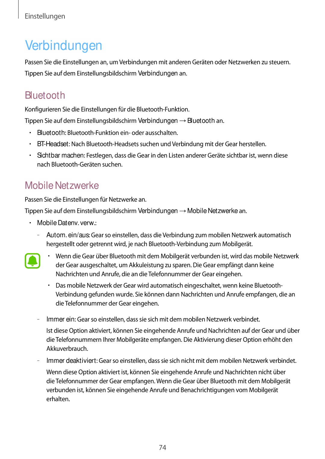 Samsung SM-R7500ZWAXEO, SM-R7500ZWASEB, SM-R7500ZKATPH manual Verbindungen, Bluetooth, Mobile Netzwerke, Mobile Datenv. verw 