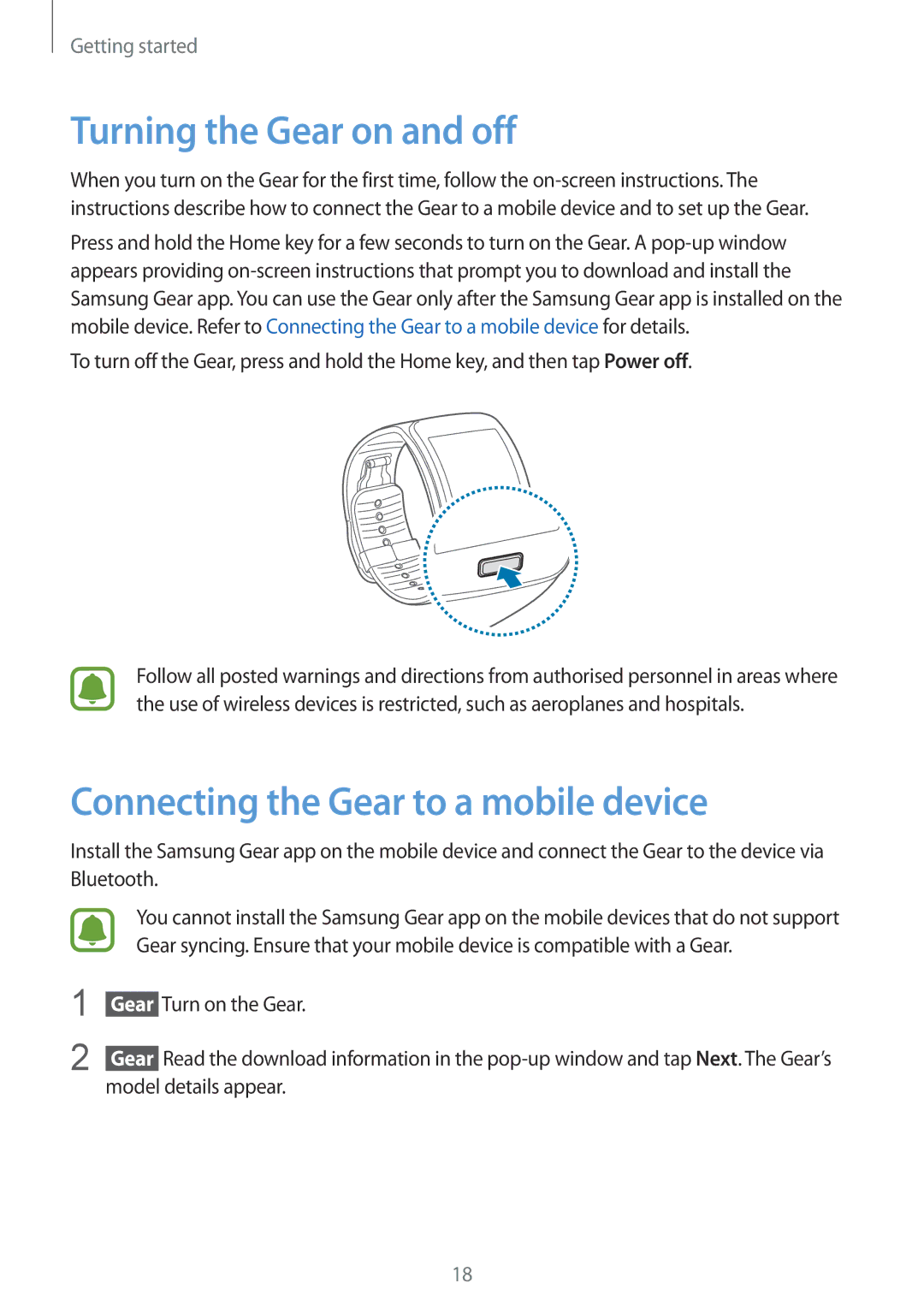 Samsung SM-R750BZKAILO manual Turning the Gear on and off, Connecting the Gear to a mobile device, Turn on the Gear 