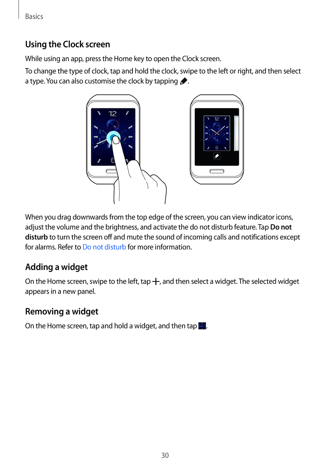 Samsung SM-R750BZKAILO, SM-R750BZWAILO manual Using the Clock screen, Adding a widget, Removing a widget 