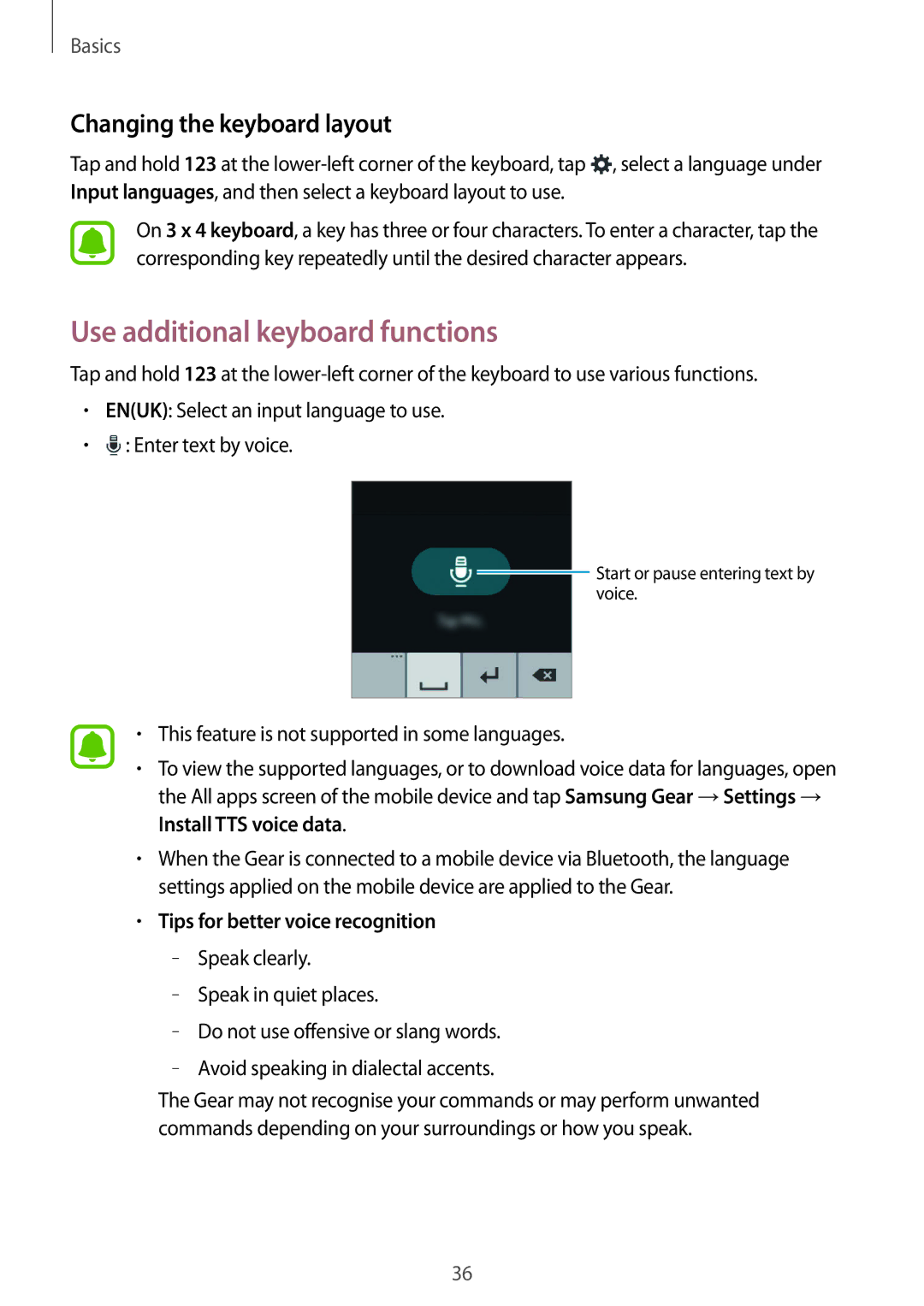 Samsung SM-R750BZKAILO Use additional keyboard functions, Changing the keyboard layout, Tips for better voice recognition 