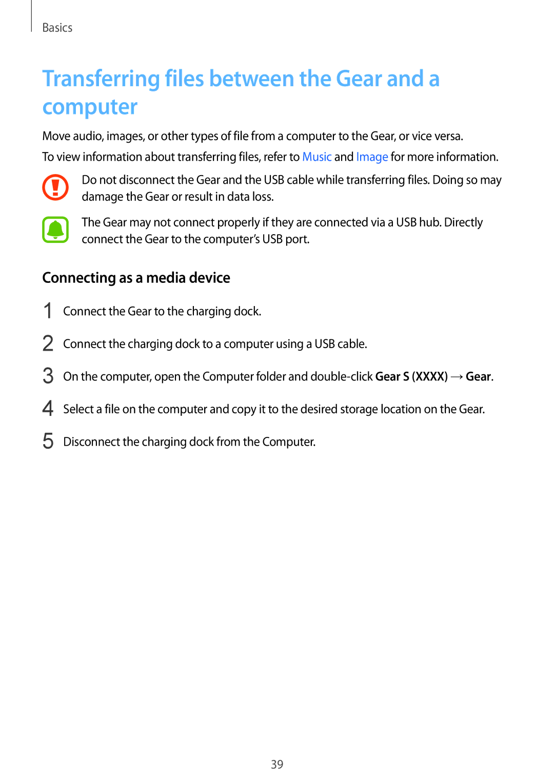 Samsung SM-R750BZWAILO, SM-R750BZKAILO Transferring files between the Gear and a computer, Connecting as a media device 