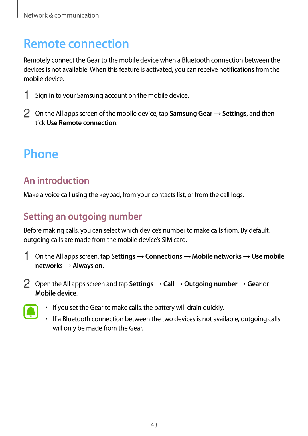 Samsung SM-R750BZWAILO, SM-R750BZKAILO manual Remote connection, Phone, An introduction, Setting an outgoing number 