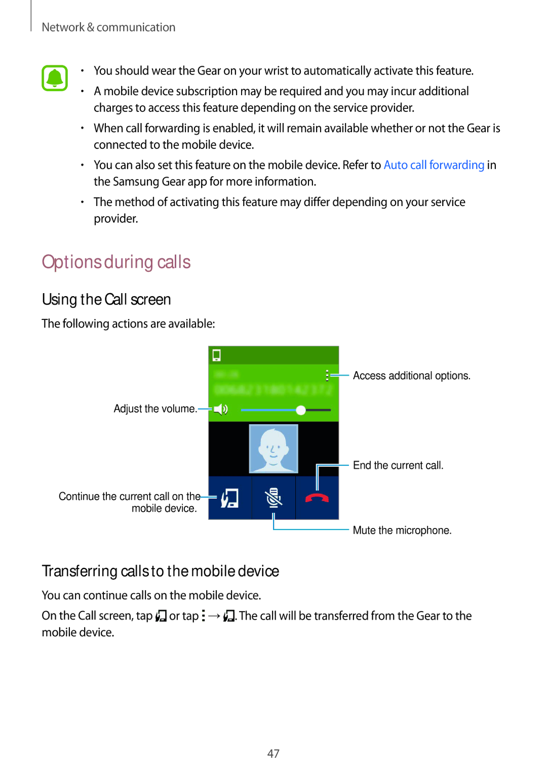 Samsung SM-R750BZWAILO manual Options during calls, Using the Call screen, Transferring calls to the mobile device 