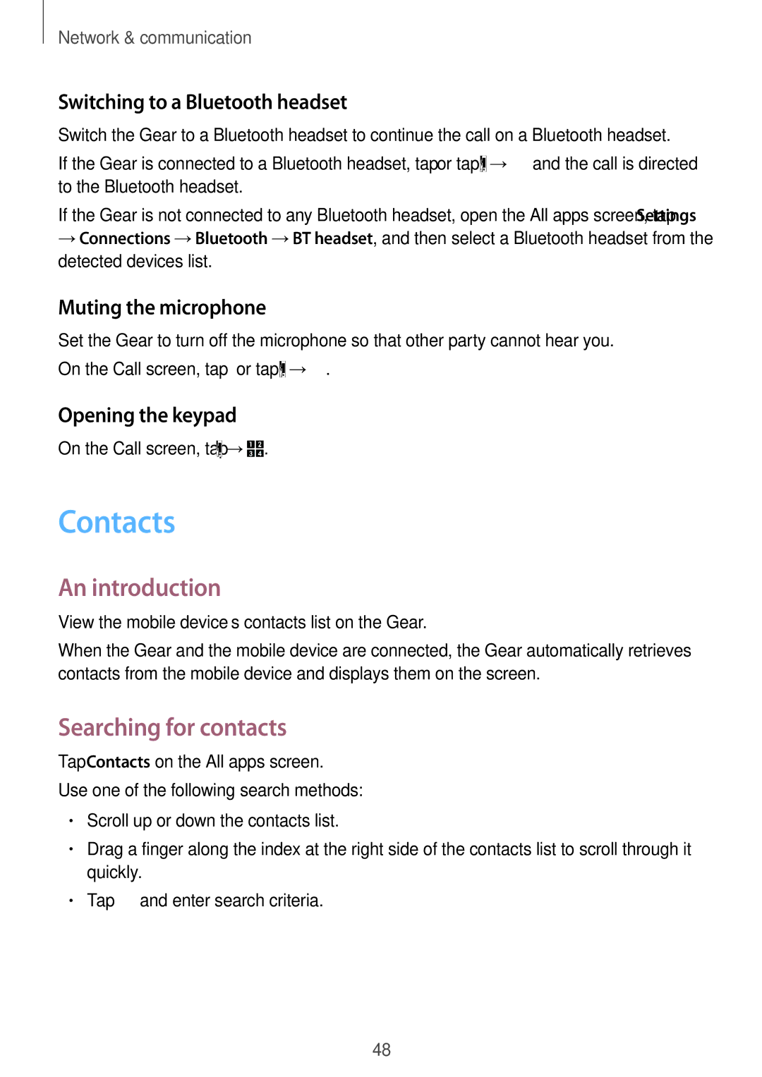 Samsung SM-R750BZKAILO manual Contacts, Searching for contacts, Switching to a Bluetooth headset, Muting the microphone 