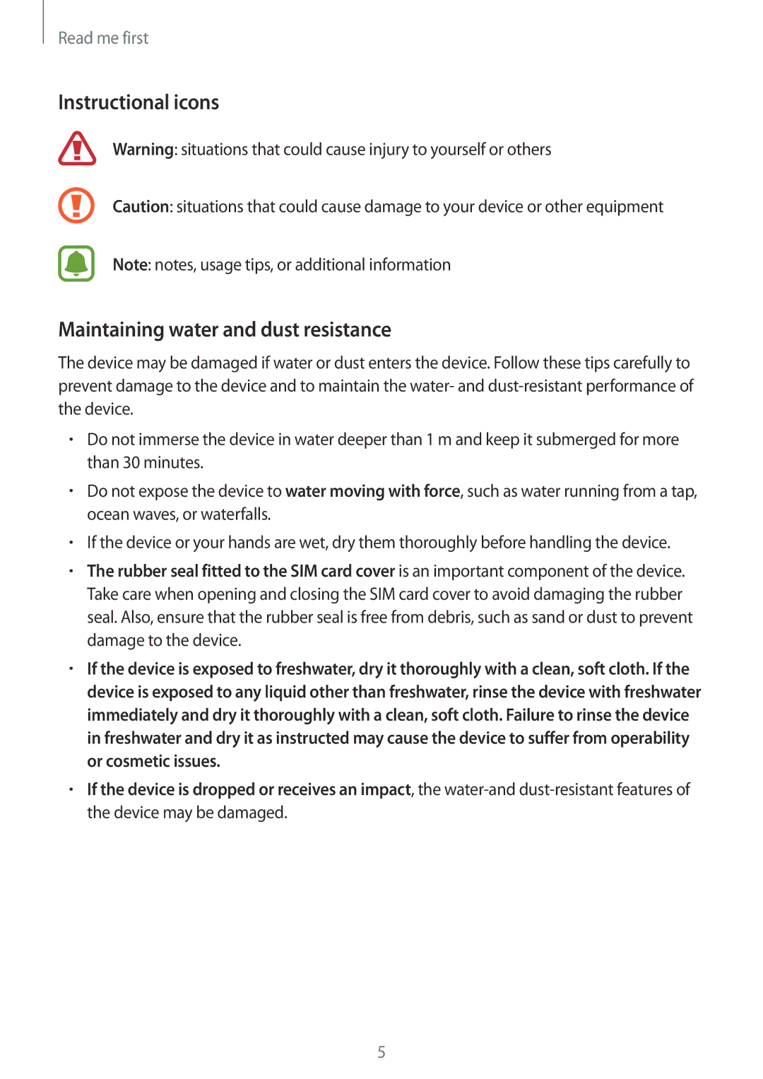 Samsung SM-R750BZWAILO, SM-R750BZKAILO manual Instructional icons Maintaining water and dust resistance 