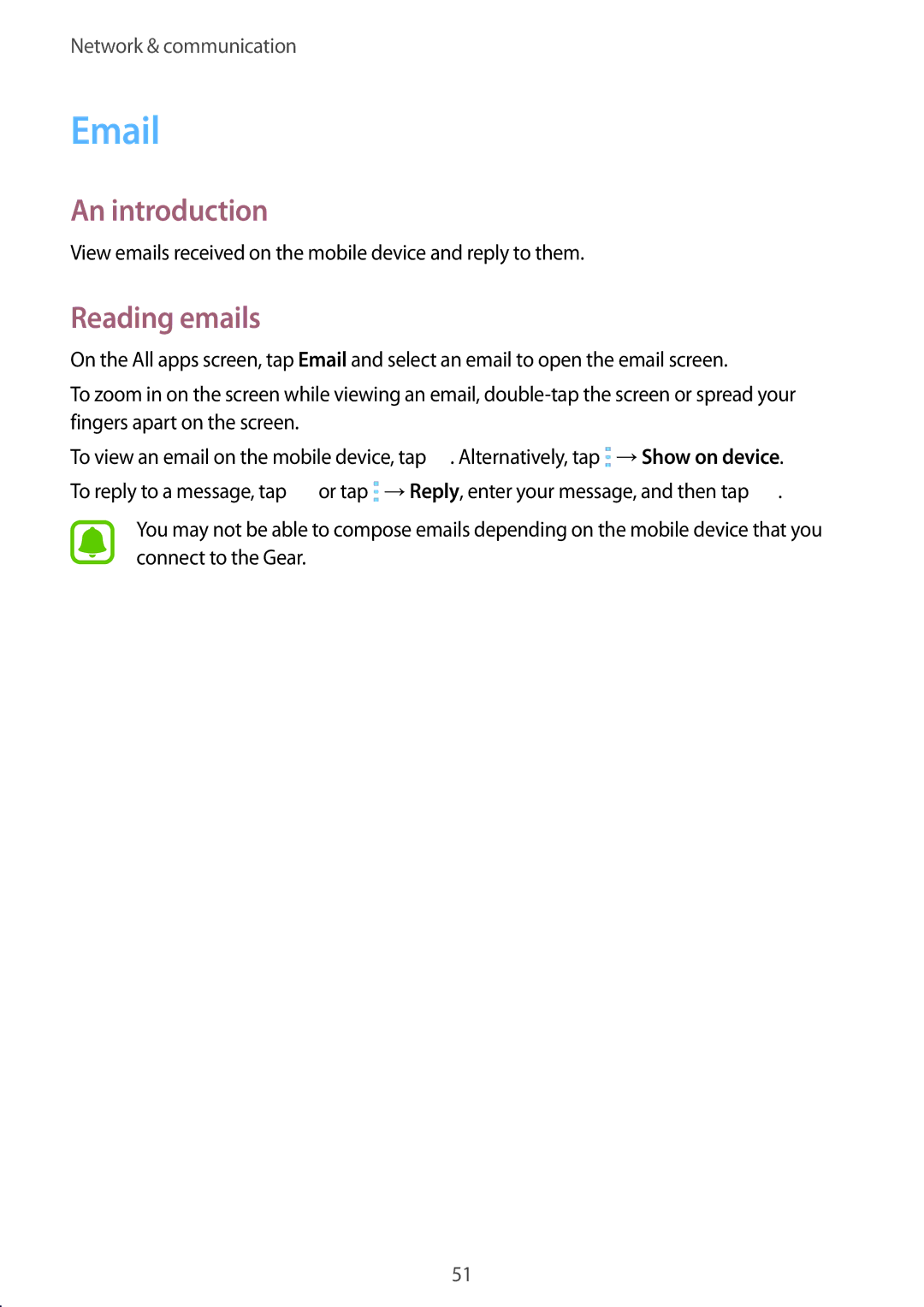Samsung SM-R750BZWAILO, SM-R750BZKAILO manual Reading emails, View emails received on the mobile device and reply to them 