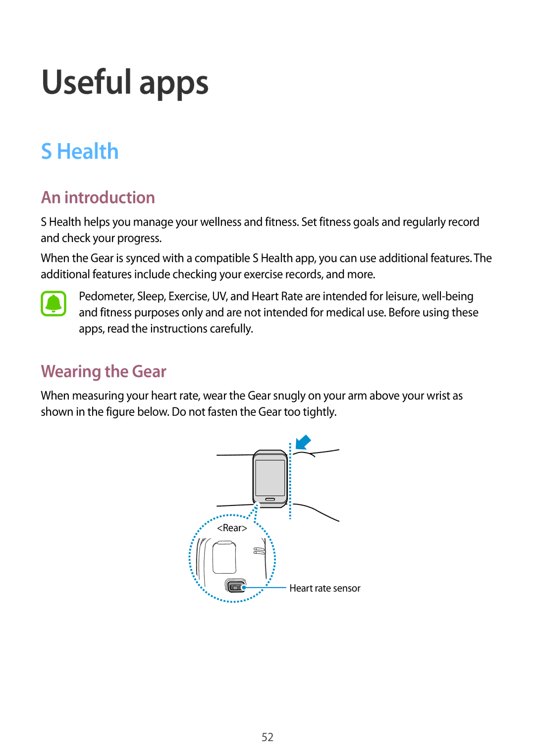Samsung SM-R750BZKAILO, SM-R750BZWAILO manual Useful apps, Health, Wearing the Gear 