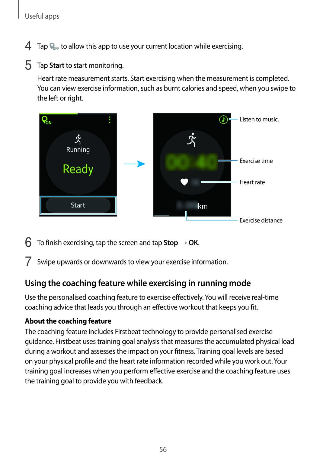 Samsung SM-R750BZKAILO manual Using the coaching feature while exercising in running mode, About the coaching feature 