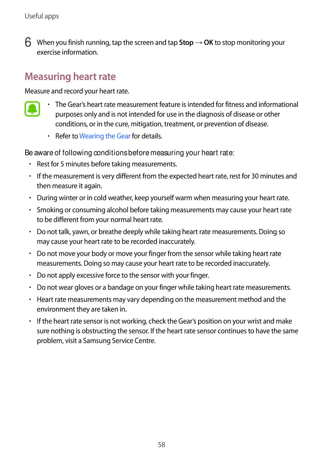 Samsung SM-R750BZKAILO Measuring heart rate, Measure and record your heart rate, Refer to Wearing the Gear for details 