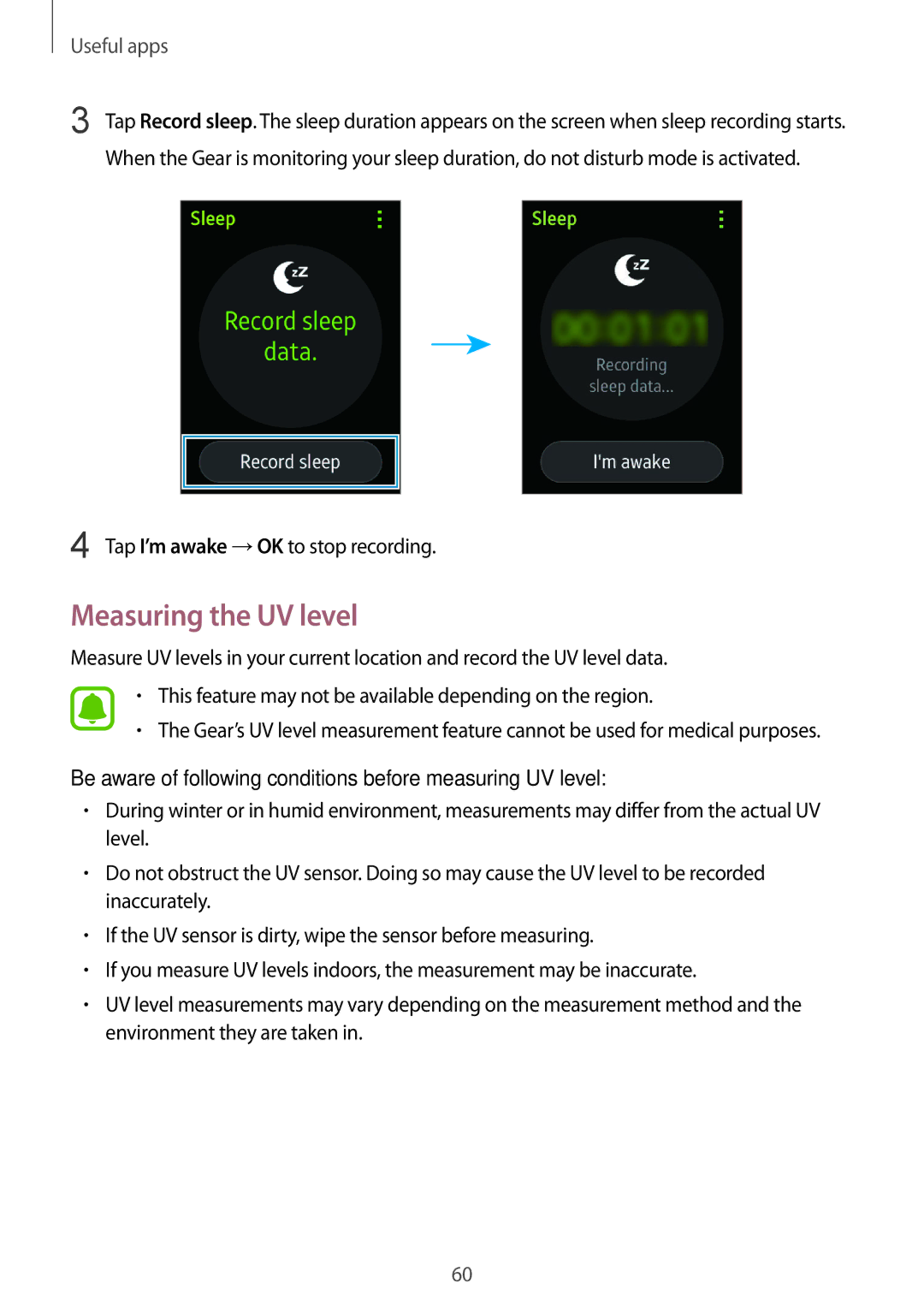 Samsung SM-R750BZKAILO, SM-R750BZWAILO manual Measuring the UV level, Tap I’m awake →OK to stop recording 