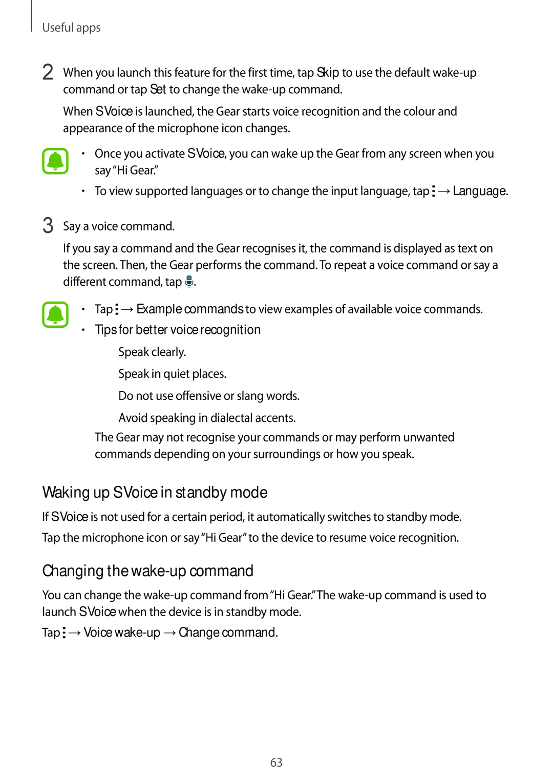 Samsung SM-R750BZWAILO Waking up S Voice in standby mode, Changing the wake-up command, Tap →Voice wake-up →Change command 