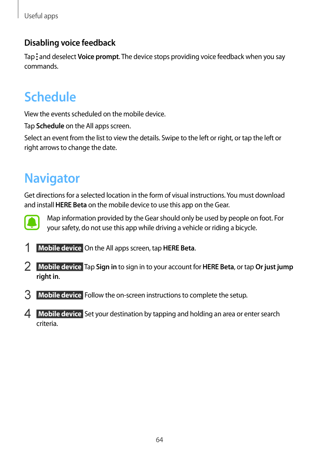 Samsung SM-R750BZKAILO, SM-R750BZWAILO manual Schedule, Navigator, Disabling voice feedback 