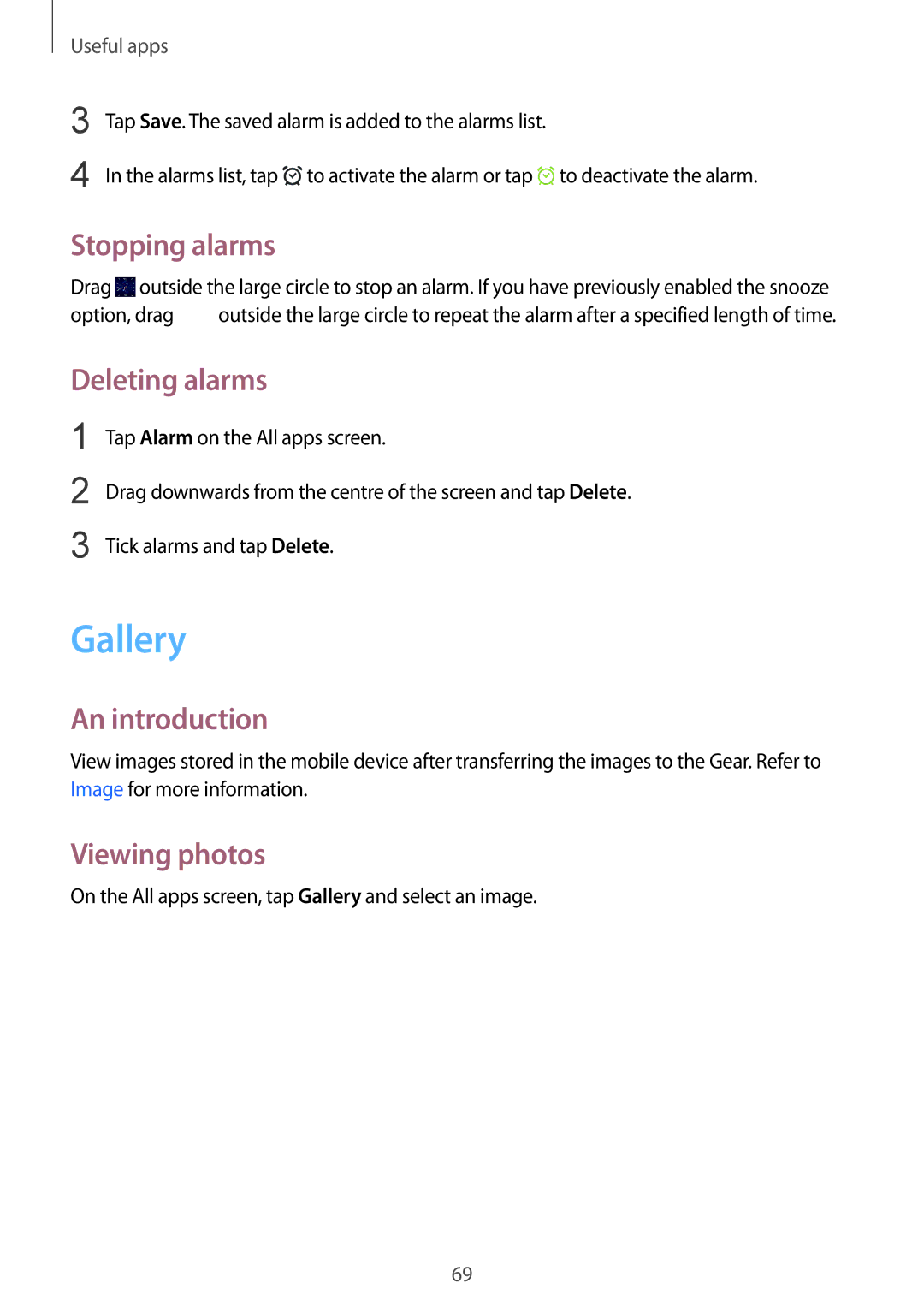 Samsung SM-R750BZWAILO, SM-R750BZKAILO manual Gallery, Stopping alarms, Deleting alarms, Viewing photos 