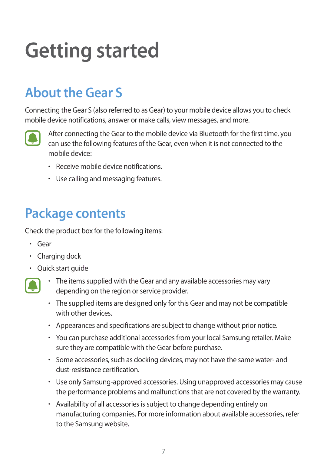 Samsung SM-R750BZWAILO, SM-R750BZKAILO manual Getting started, About the Gear S, Package contents 