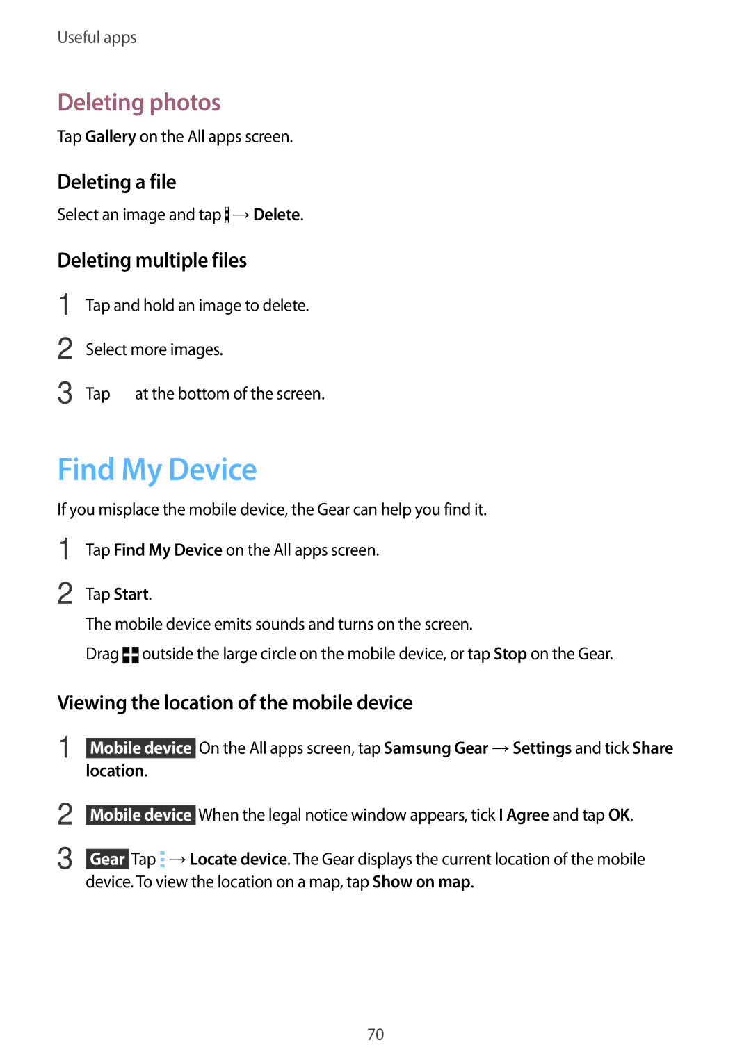 Samsung SM-R750BZKAILO, SM-R750BZWAILO manual Find My Device, Deleting photos, Deleting a file, Deleting multiple files 