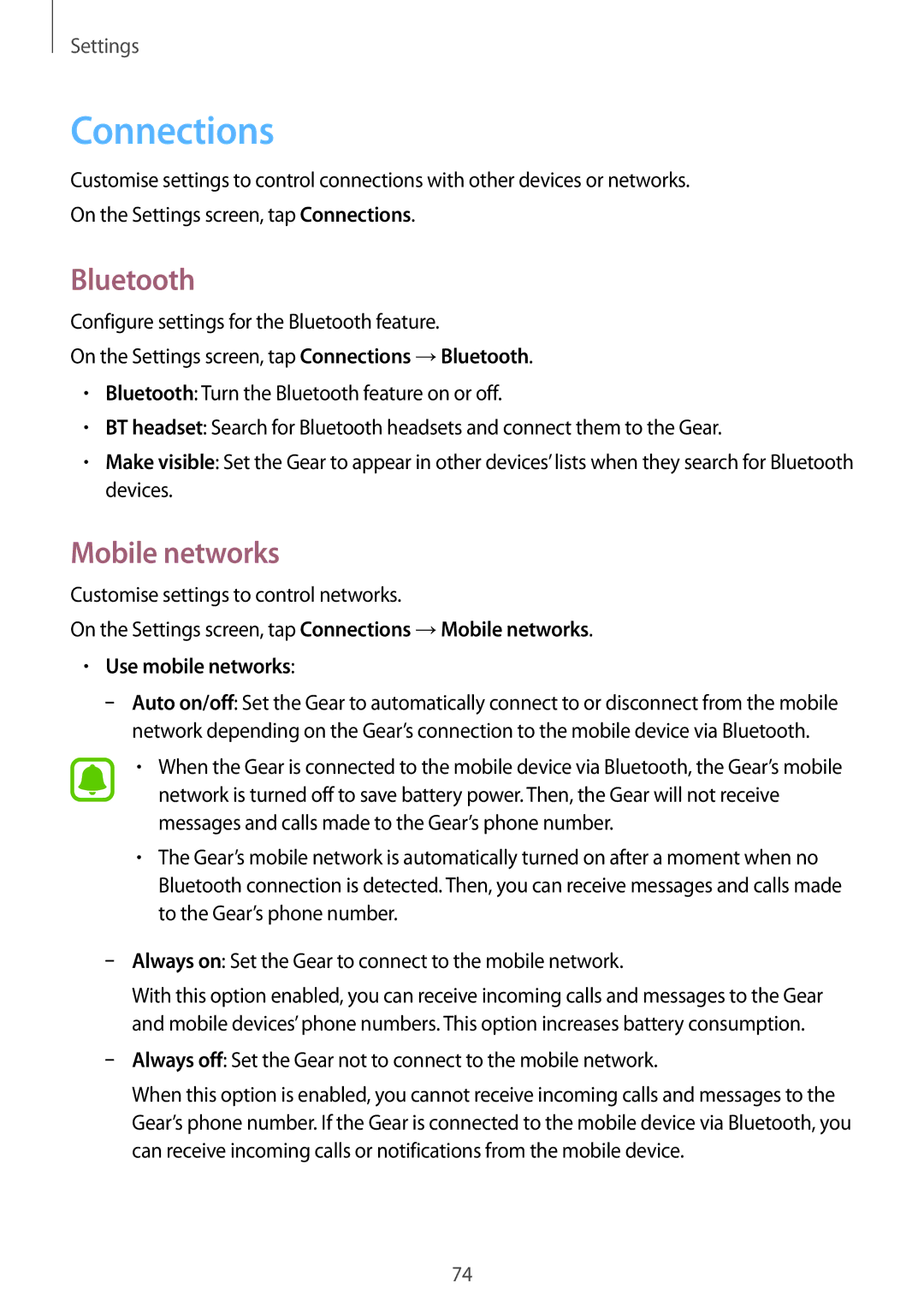 Samsung SM-R750BZKAILO, SM-R750BZWAILO manual Connections, Bluetooth, Mobile networks, Use mobile networks 