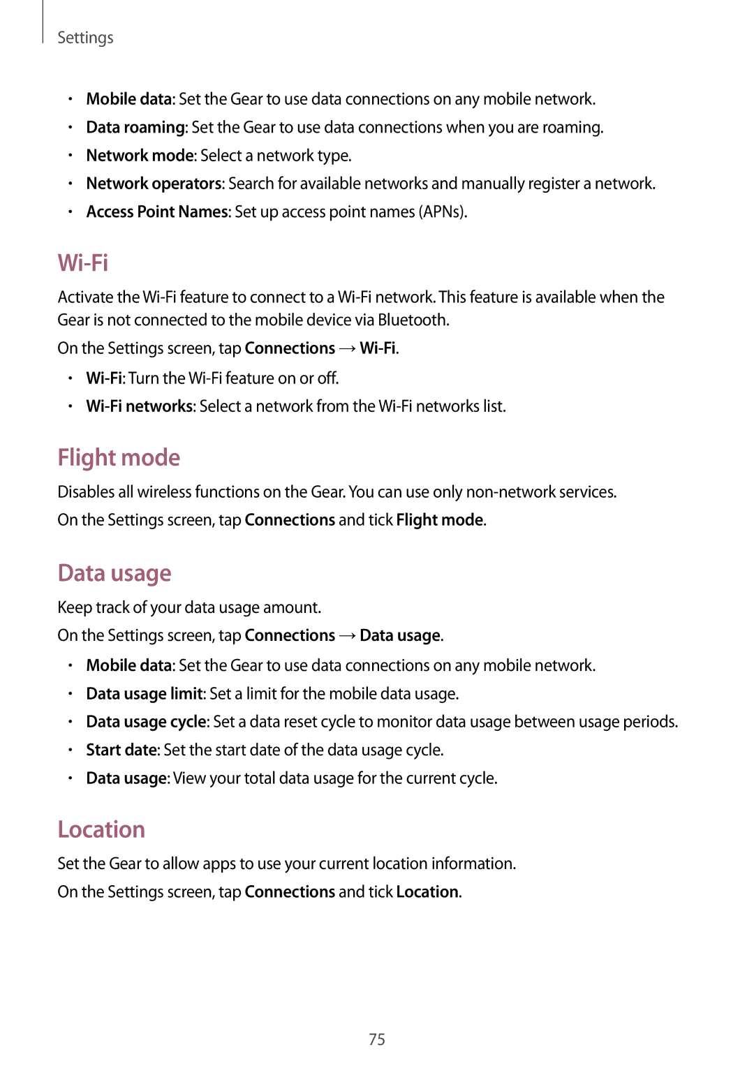 Samsung SM-R750BZWAILO, SM-R750BZKAILO manual Wi-Fi, Flight mode, Data usage, Location 