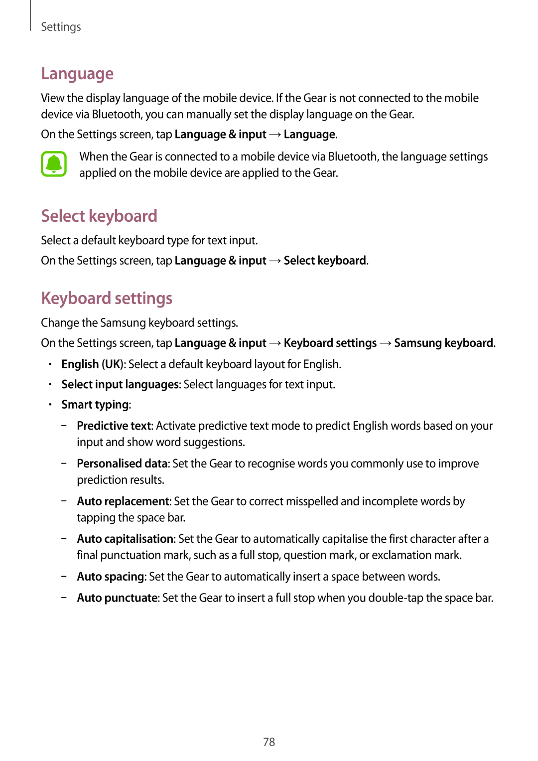 Samsung SM-R750BZKAILO, SM-R750BZWAILO manual Language, Select keyboard, Keyboard settings, Smart typing 