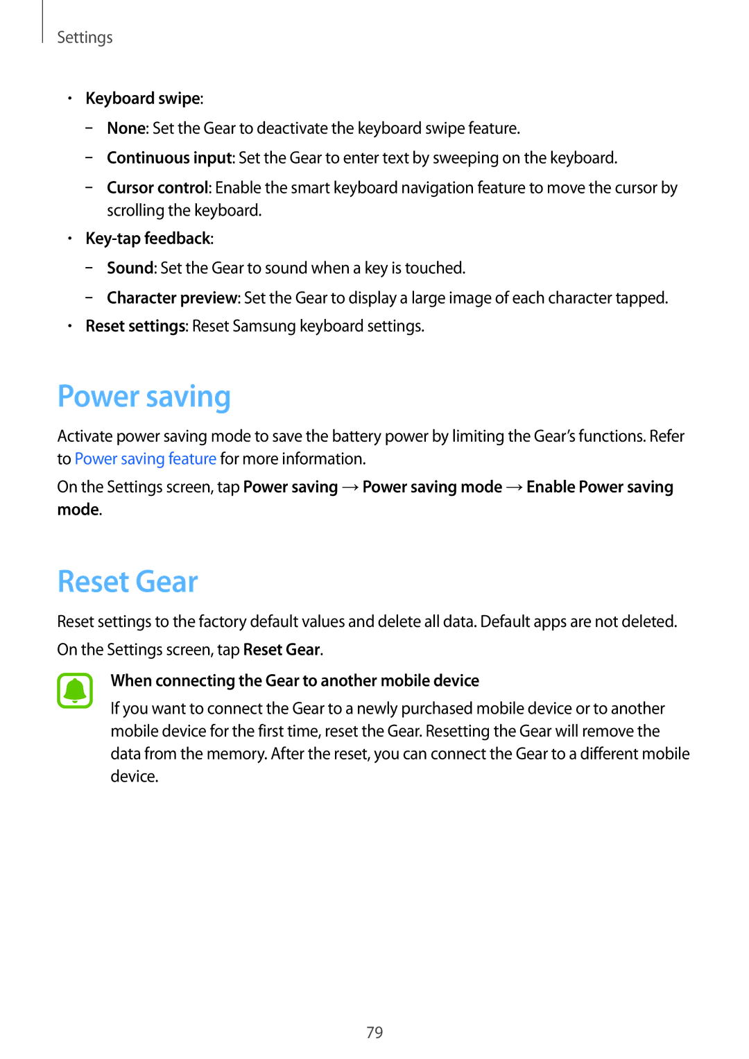 Samsung SM-R750BZWAILO, SM-R750BZKAILO manual Power saving, Reset Gear, Keyboard swipe, Key-tap feedback 