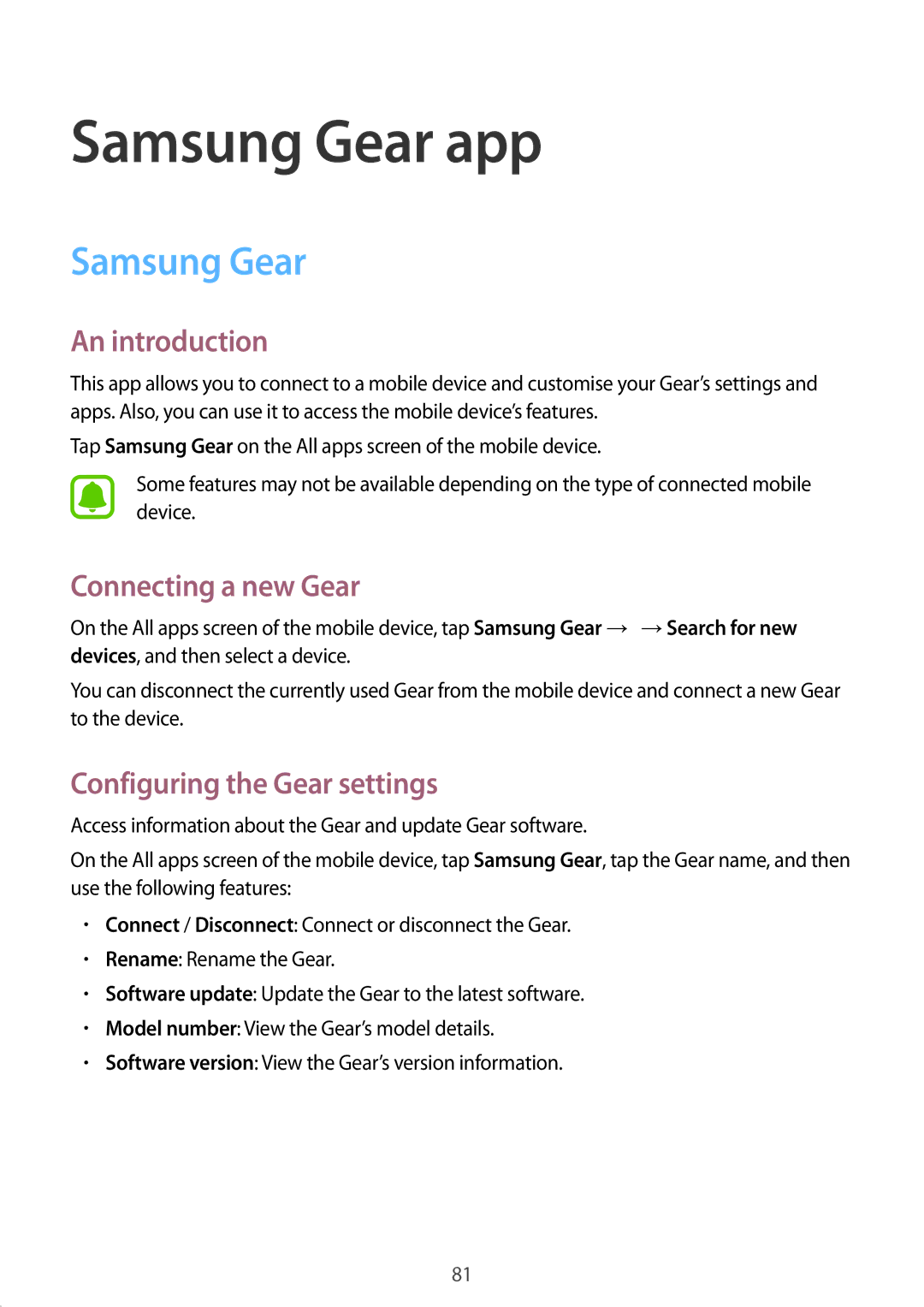 Samsung SM-R750BZWAILO, SM-R750BZKAILO manual Samsung Gear app, Connecting a new Gear, Configuring the Gear settings 