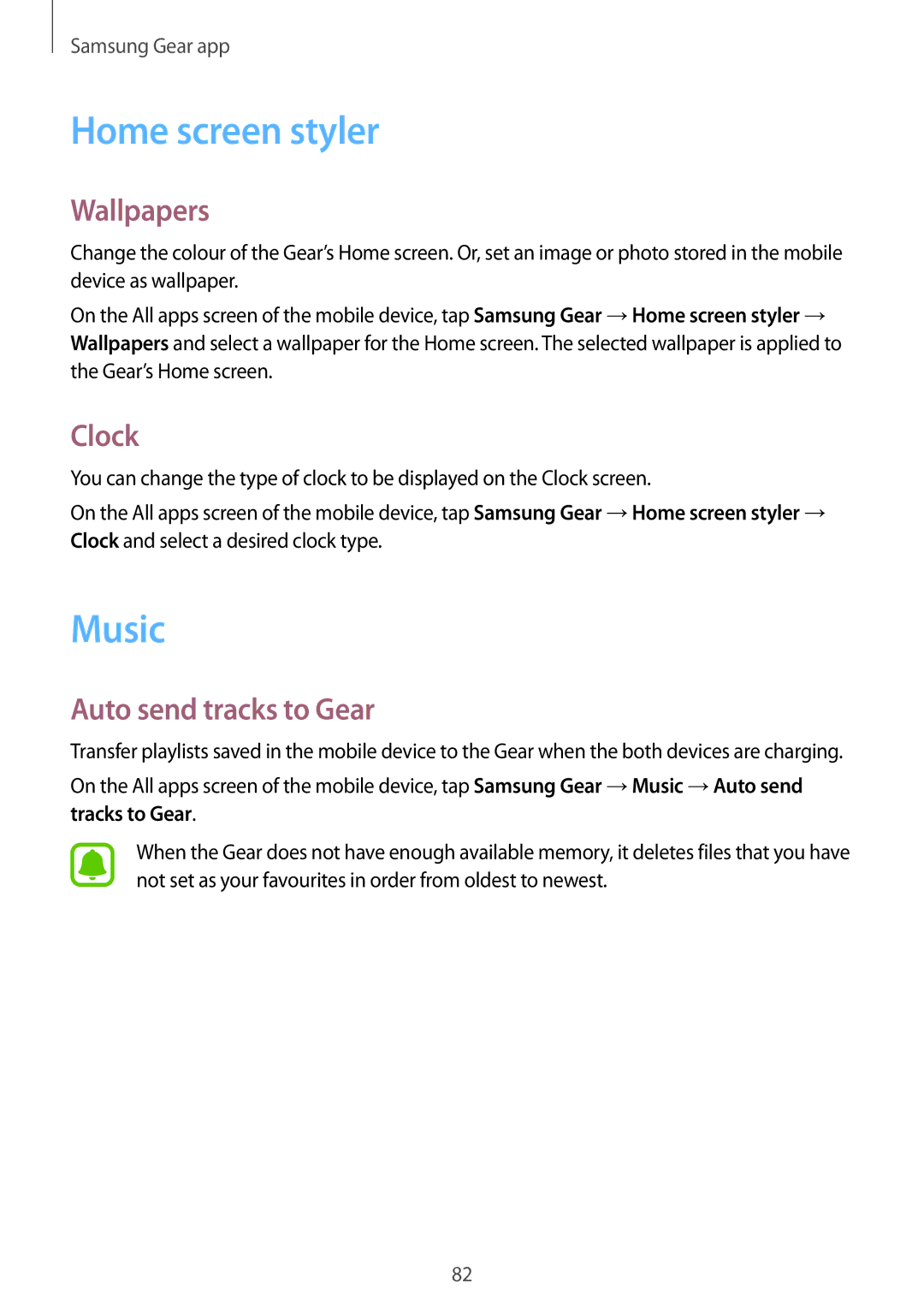 Samsung SM-R750BZKAILO, SM-R750BZWAILO manual Home screen styler, Music, Clock, Auto send tracks to Gear, Tracks to Gear 