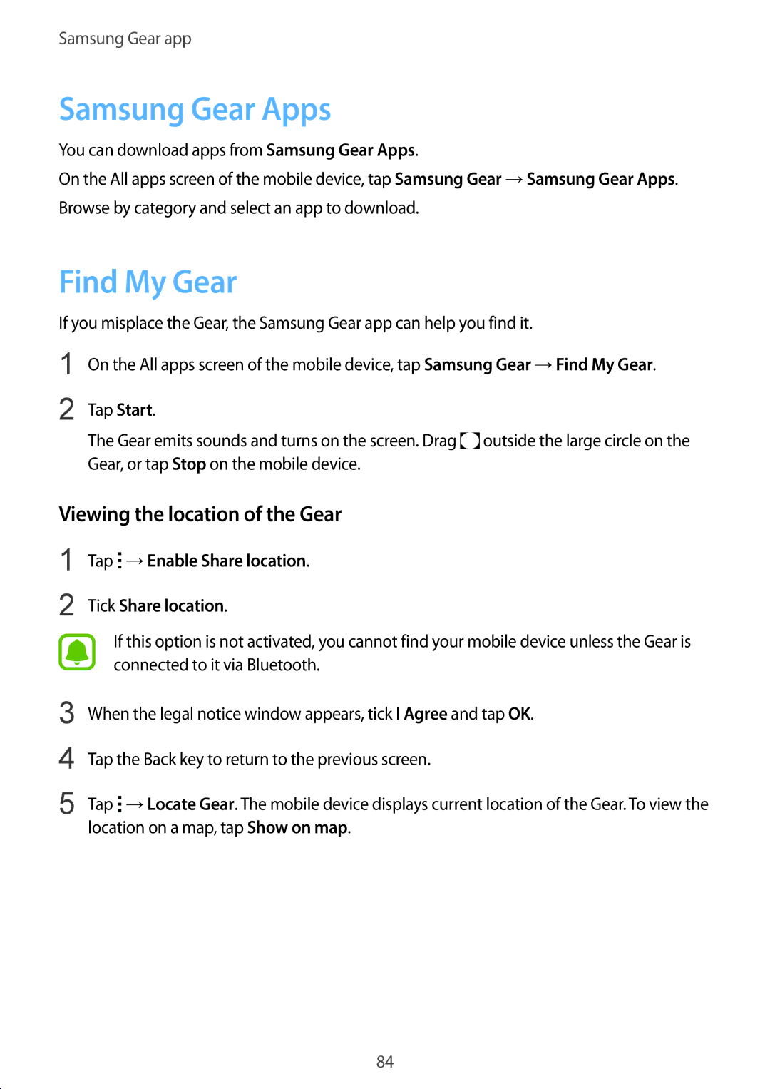 Samsung SM-R750BZKAILO, SM-R750BZWAILO manual Samsung Gear Apps, Find My Gear, Viewing the location of the Gear 