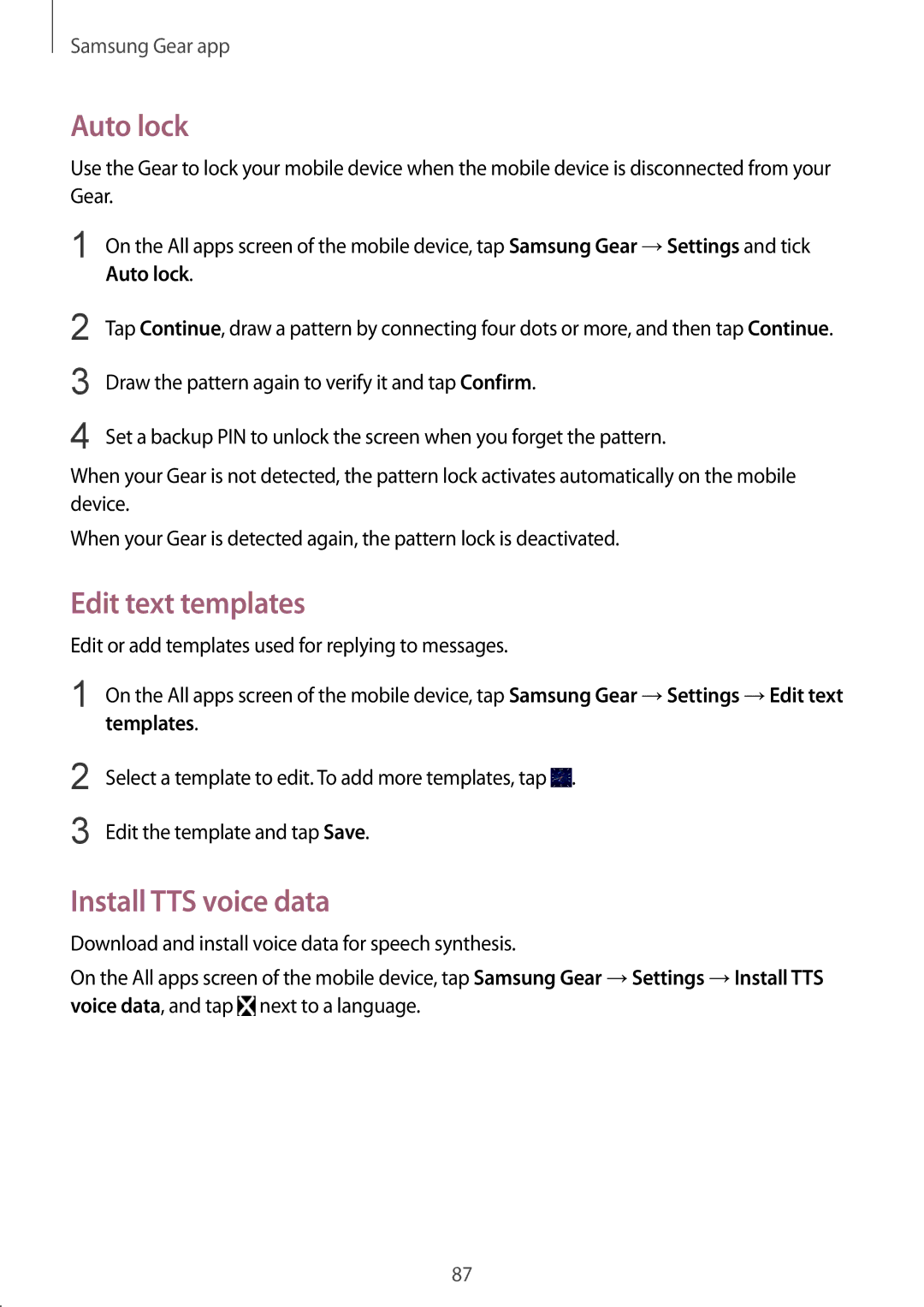 Samsung SM-R750BZWAILO, SM-R750BZKAILO manual Auto lock, Edit text templates, Install TTS voice data, Templates 