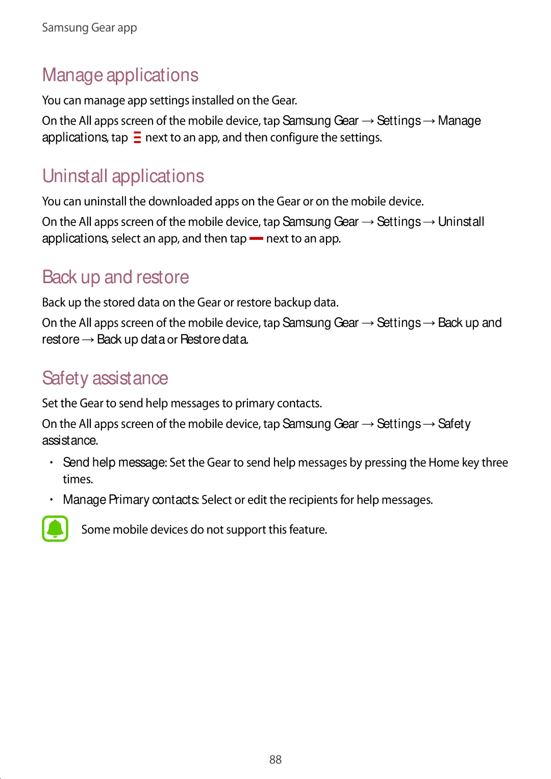 Samsung SM-R750BZKAILO, SM-R750BZWAILO Manage applications, Uninstall applications, Back up and restore, Safety assistance 