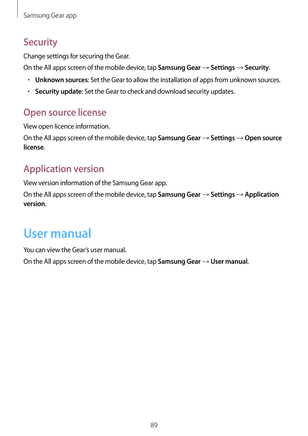 Samsung SM-R750BZWAILO manual Security, Open source license, Application version, Change settings for securing the Gear 