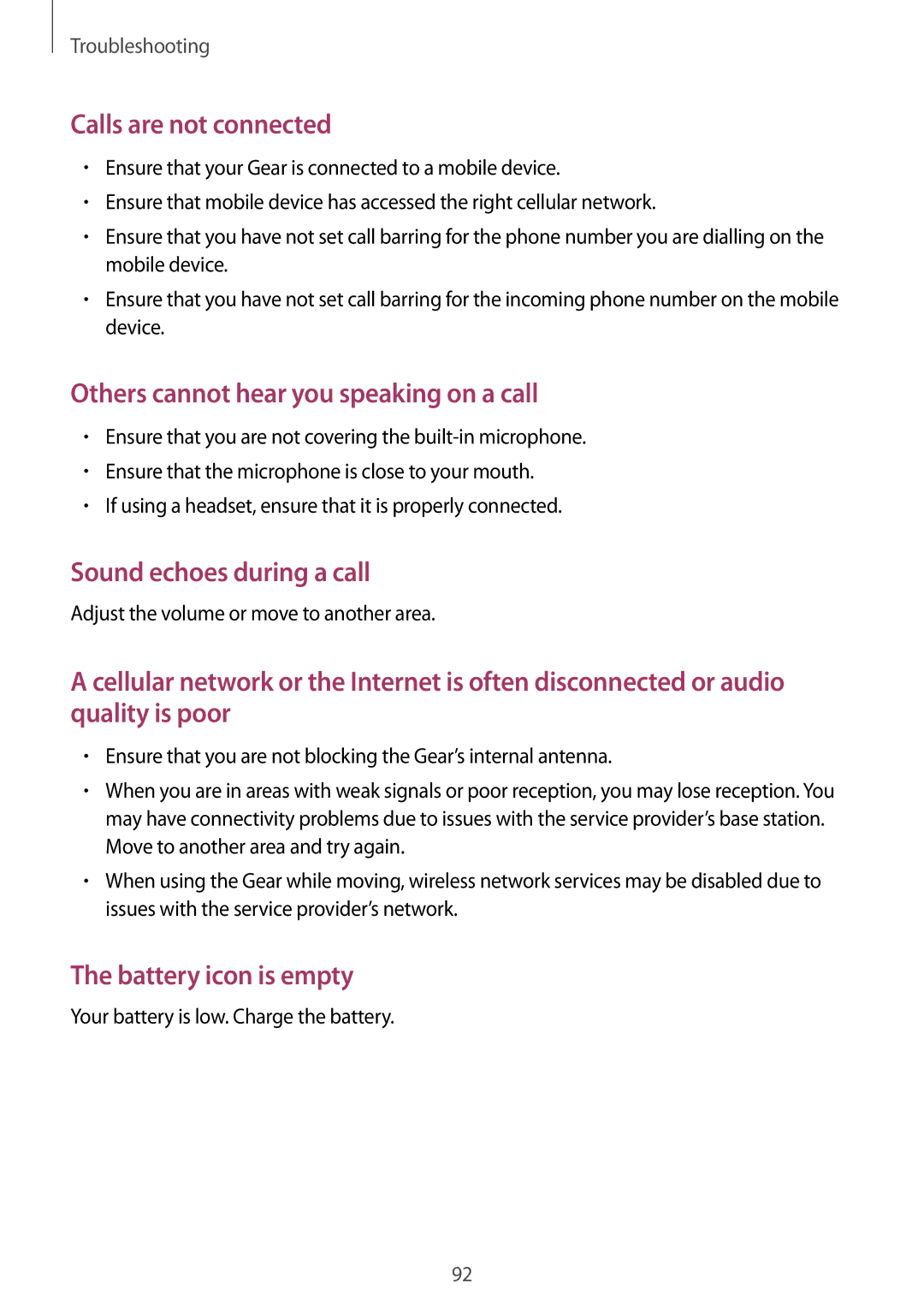 Samsung SM-R750BZKAILO, SM-R750BZWAILO Adjust the volume or move to another area, Your battery is low. Charge the battery 