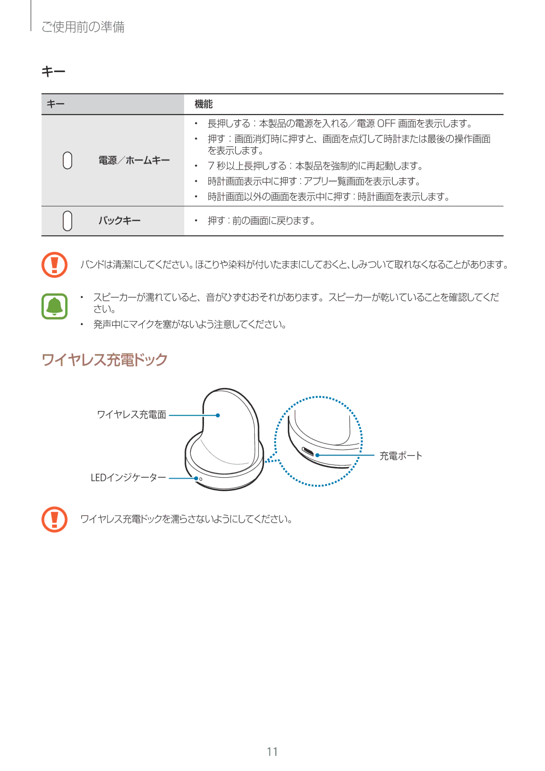 Samsung SM-R760NDAAXJP, SM-R760NDAAKDI manual ワイヤレス充電ドック, ご使用前の準備 キー 