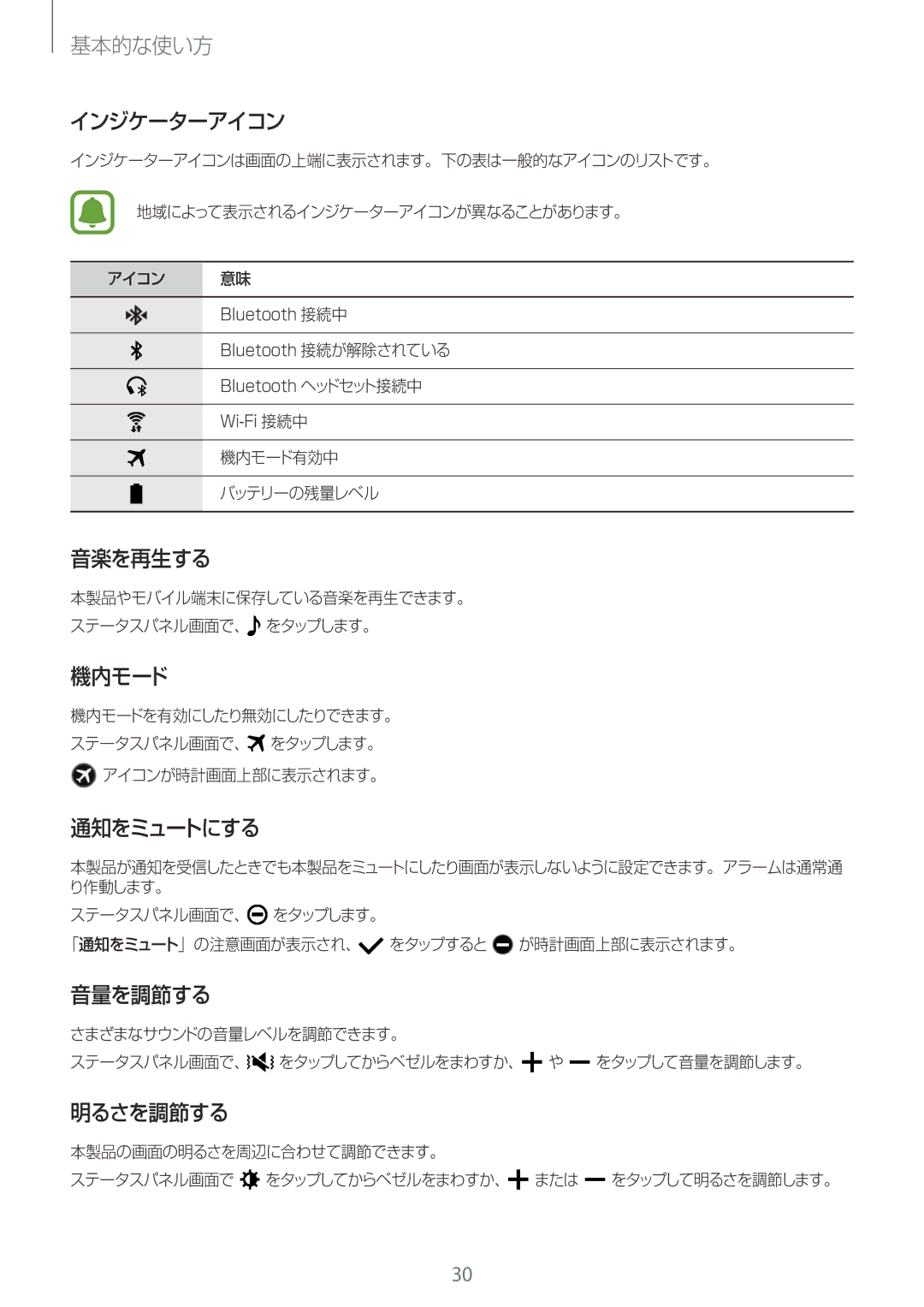 Samsung SM-R760NDAAKDI, SM-R760NDAAXJP manual インジケーターアイコン, 音楽を再生する, 機内モード, 通知をミュートにする, 音量を調節する, 明るさを調節する 