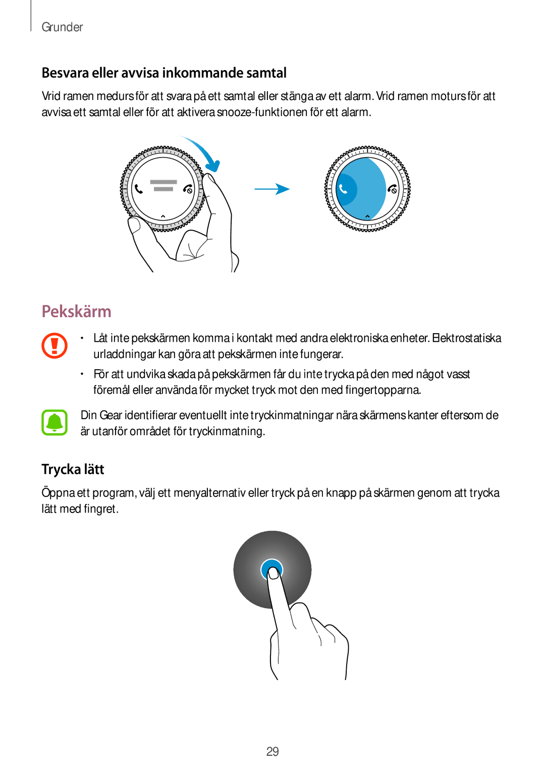 Samsung SM-R770NZSANEE, SM-R760NDAANEE manual Pekskärm, Besvara eller avvisa inkommande samtal, Trycka lätt 