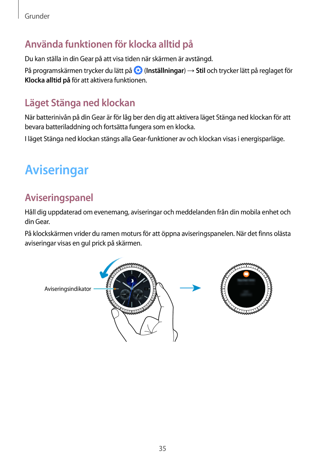 Samsung SM-R770NZSANEE Aviseringar, Använda funktionen för klocka alltid på, Läget Stänga ned klockan, Aviseringspanel 