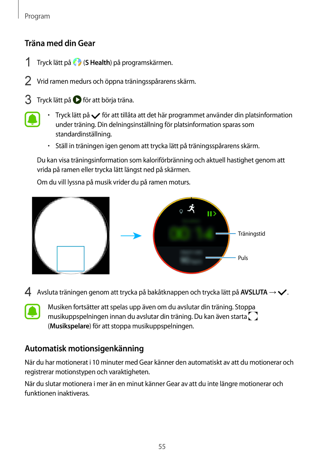 Samsung SM-R770NZSANEE, SM-R760NDAANEE manual Träna med din Gear, Automatisk motionsigenkänning 