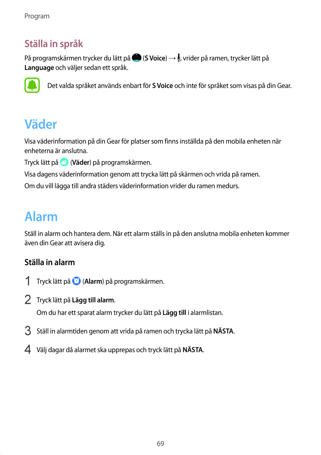 Samsung SM-R770NZSANEE, SM-R760NDAANEE manual Väder, Alarm, Ställa in språk, Ställa in alarm 