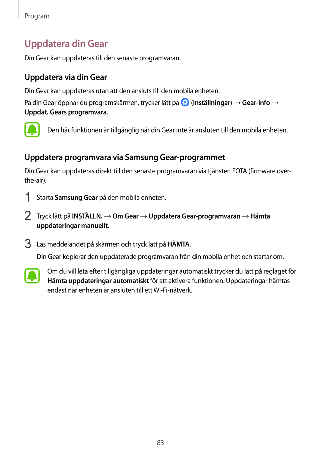 Samsung SM-R770NZSANEE manual Uppdatera din Gear, Uppdatera via din Gear, Uppdatera programvara via Samsung Gear-programmet 