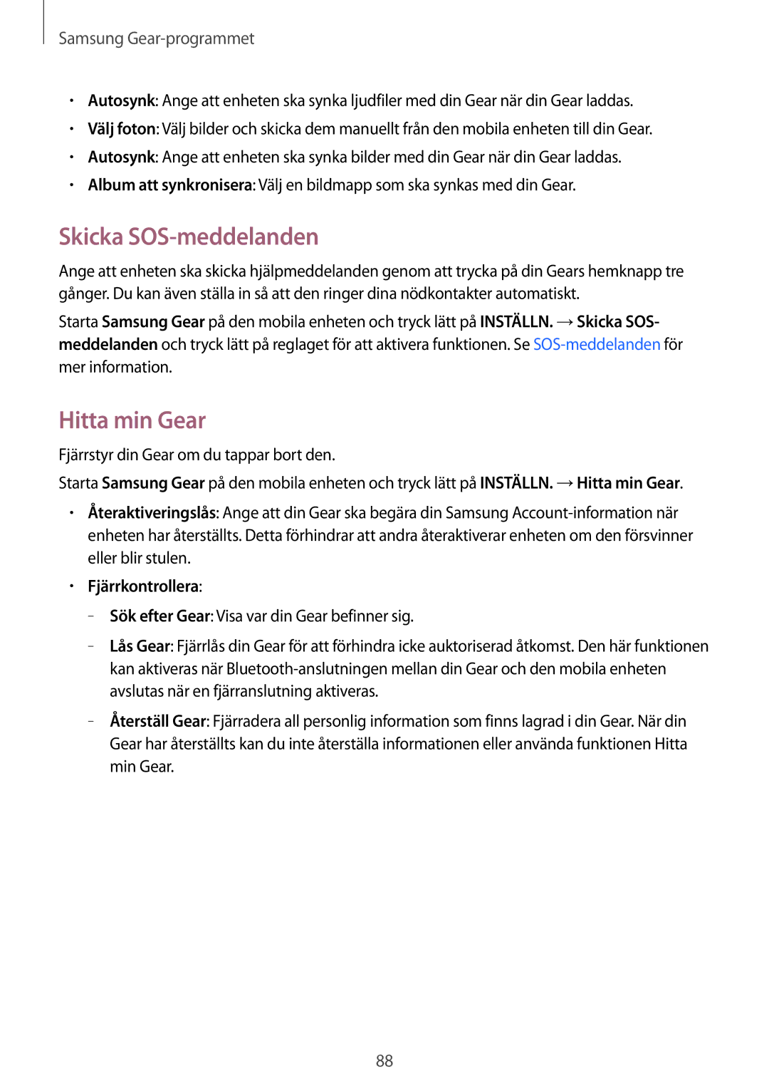 Samsung SM-R760NDAANEE Skicka SOS-meddelanden, Hitta min Gear, Fjärrstyr din Gear om du tappar bort den, Fjärrkontrollera 