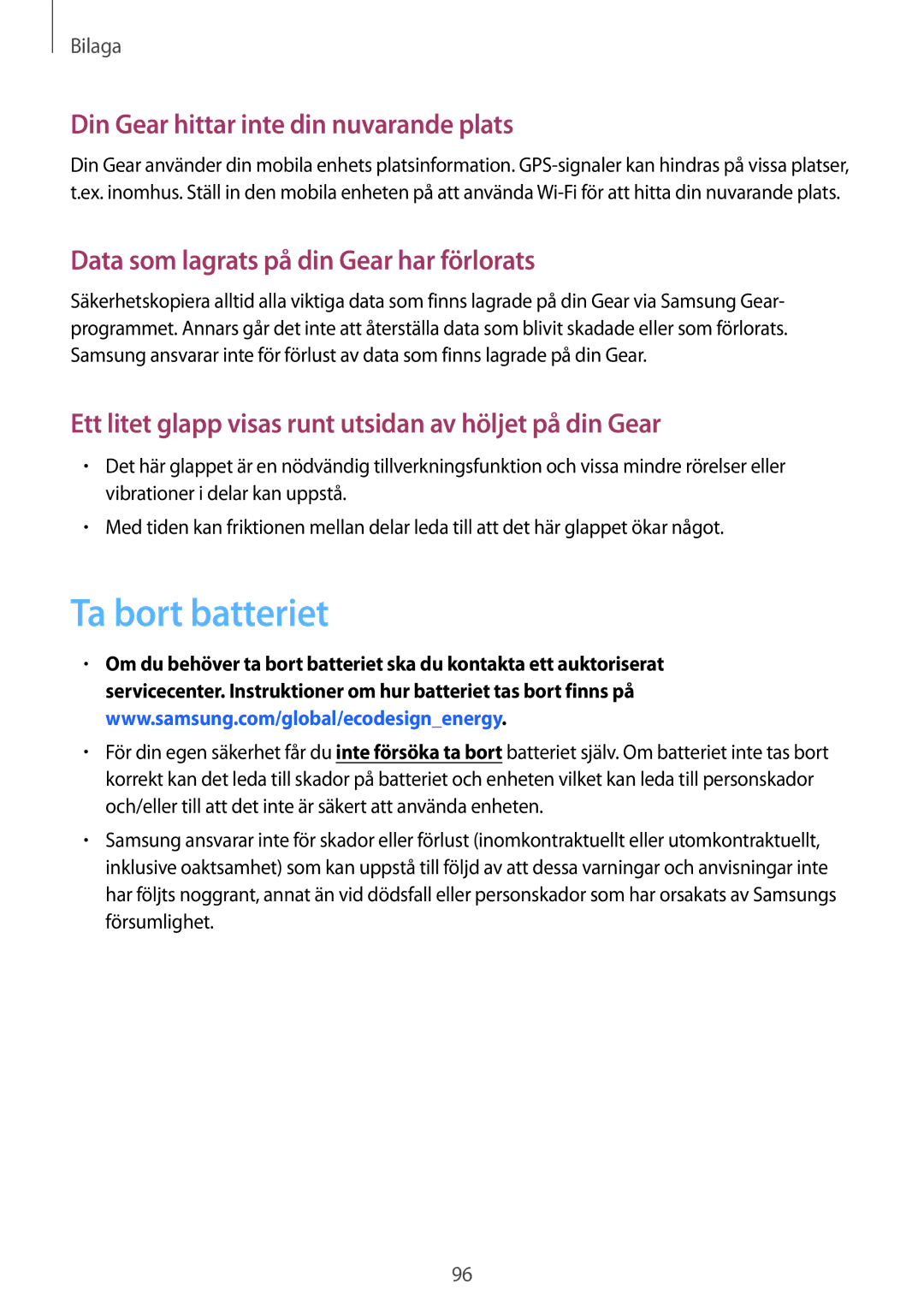 Samsung SM-R760NDAANEE, SM-R770NZSANEE manual Ta bort batteriet, Din Gear hittar inte din nuvarande plats 