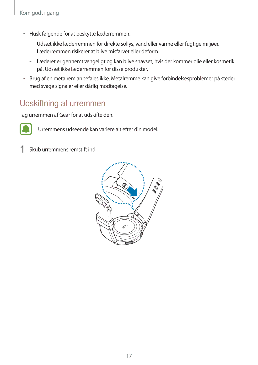 Samsung SM-R770NZSANEE, SM-R760NDAANEE manual Udskiftning af urremmen 