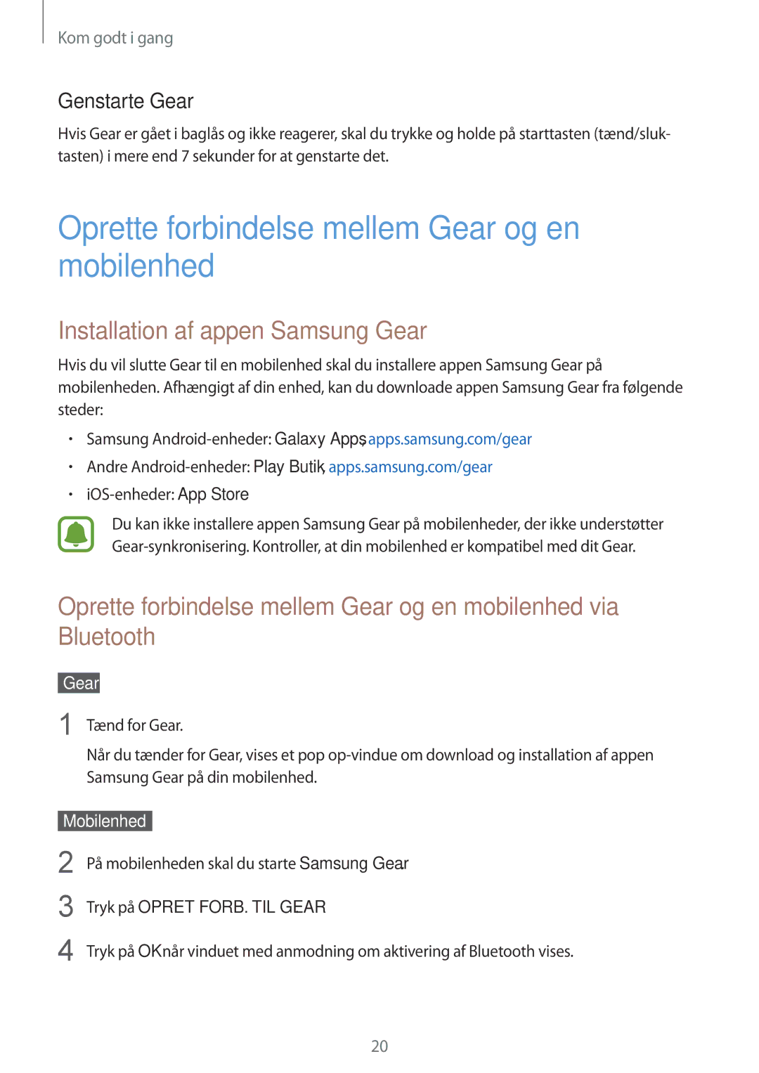 Samsung SM-R760NDAANEE manual Oprette forbindelse mellem Gear og en mobilenhed, Installation af appen Samsung Gear 